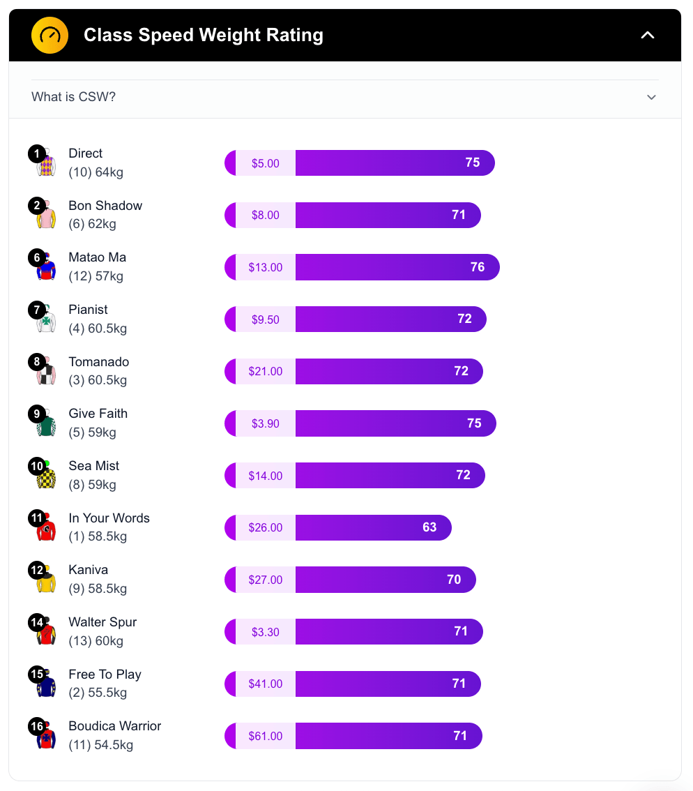 Feature: CSW RATING (CLASS, SPEED, WEIGHT)